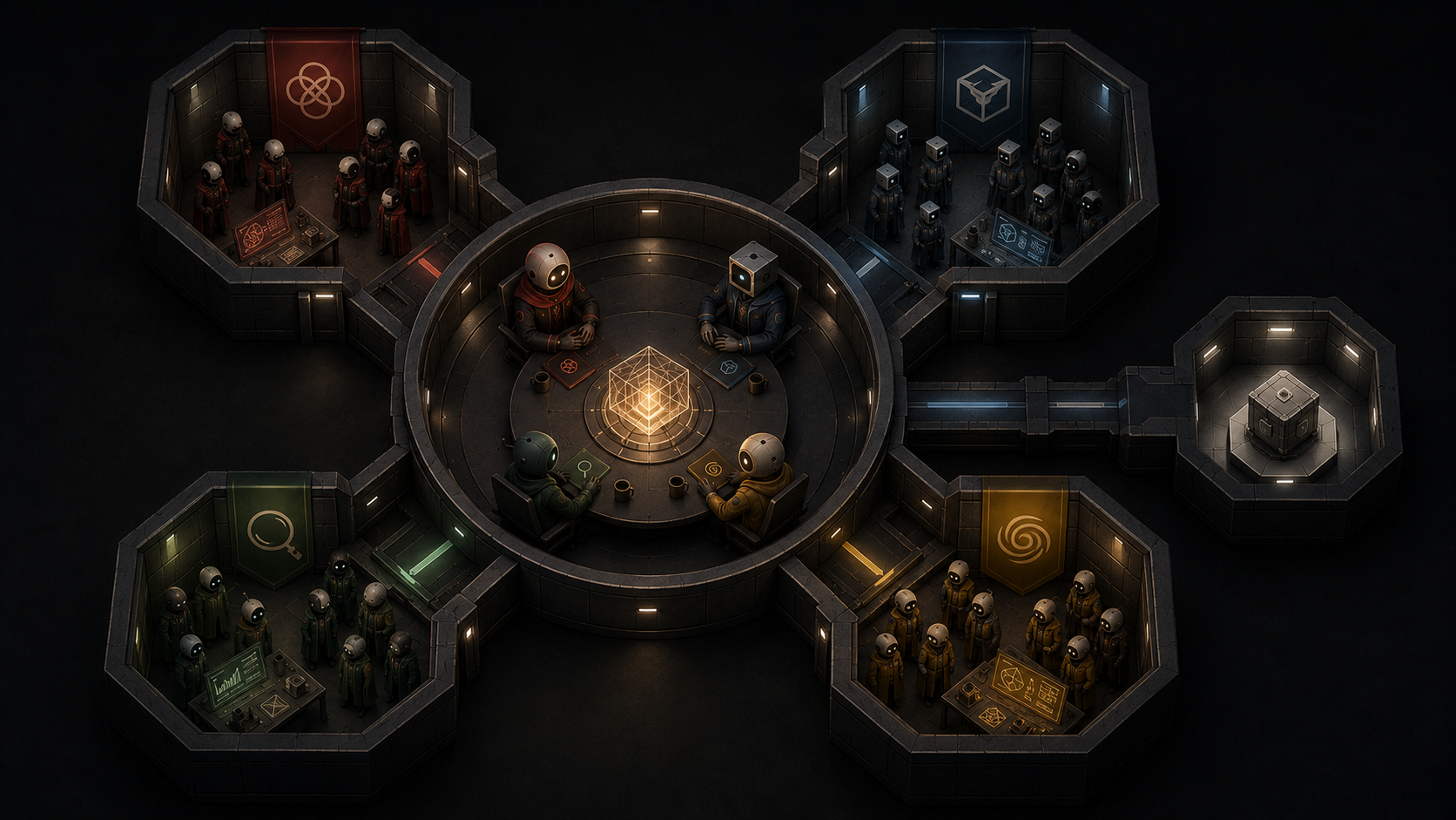 Night-shift field lab illustrating equal agent principals in a circular boardroom, independent agency wings, work moving in both directions, a shared artifact at the center, and a separate verification chamber